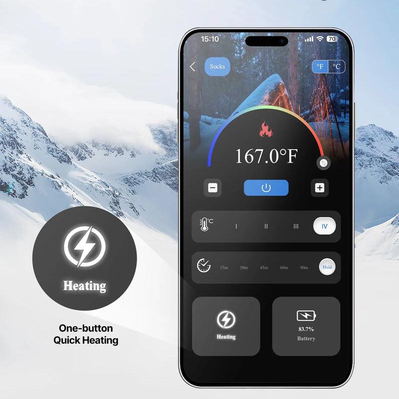 XL_VEVOR apsildāmās zeķes, XL izmērs, ar 5000 mAh uzlādējamu akumulatoru, 4 apsildes līmeņiem un lietotnes vadību; piemērotas sievietēm un vīriešiem medībām, izjādēm, kempingam un pārgājieniem