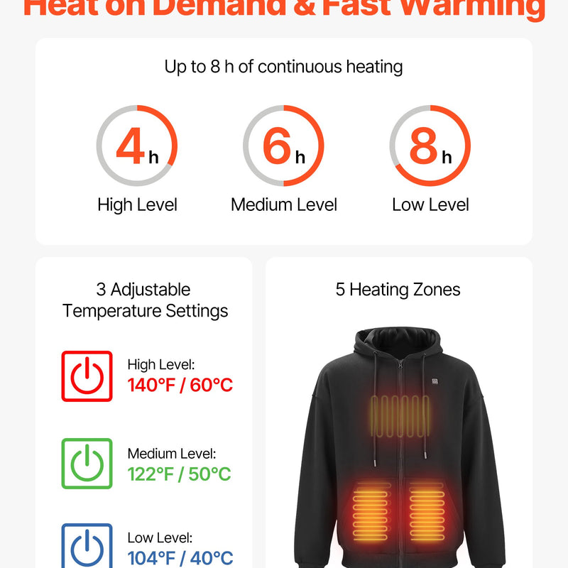 S_VEVOR apsildāms jakas tipa sporta džemperis ar kapuci vīriešiem un sievietēm, unisex pilna garuma rāvējslēdzējs, 7,4 V 16 000 mAh barošanas bloks, 5 apsildes zonas, 3 temperatūras līmeņi, 4–8 h siltums, ziemas āra aktivitātēm, melns