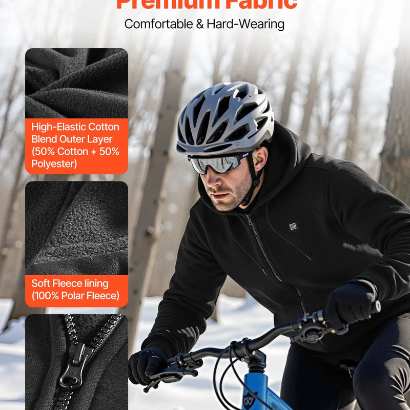 S_VEVOR apsildāms jakas tipa sporta džemperis ar kapuci vīriešiem un sievietēm, unisex pilna garuma rāvējslēdzējs, 7,4 V 16 000 mAh barošanas bloks, 5 apsildes zonas, 3 temperatūras līmeņi, 4–8 h siltums, ziemas āra aktivitātēm, melns