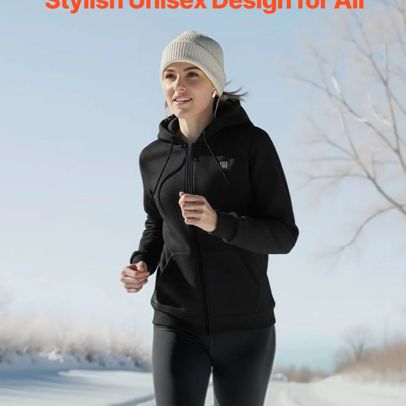 S_VEVOR apsildāms jakas tipa sporta džemperis ar kapuci vīriešiem un sievietēm, unisex pilna garuma rāvējslēdzējs, 7,4 V 16 000 mAh barošanas bloks, 5 apsildes zonas, 3 temperatūras līmeņi, 4–8 h siltums, ziemas āra aktivitātēm, melns