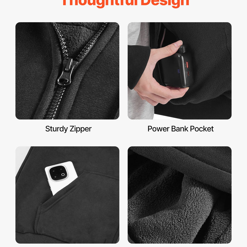 S_VEVOR apsildāms jakas tipa sporta džemperis ar kapuci vīriešiem un sievietēm, unisex pilna garuma rāvējslēdzējs, 7,4 V 16 000 mAh barošanas bloks, 5 apsildes zonas, 3 temperatūras līmeņi, 4–8 h siltums, ziemas āra aktivitātēm, melns
