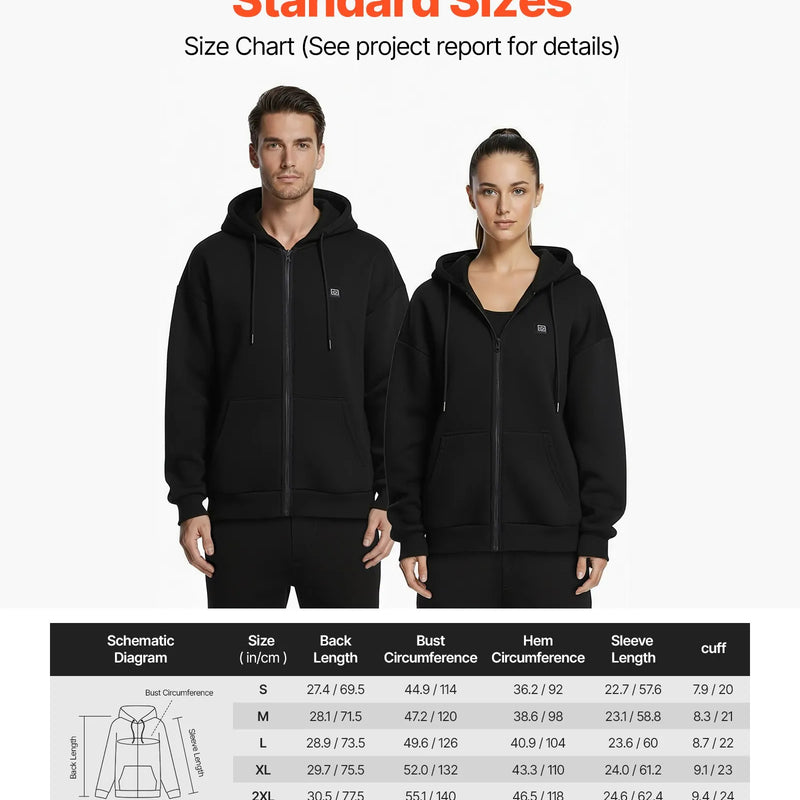 S_VEVOR apsildāms jakas tipa sporta džemperis ar kapuci vīriešiem un sievietēm, unisex pilna garuma rāvējslēdzējs, 7,4 V 16 000 mAh barošanas bloks, 5 apsildes zonas, 3 temperatūras līmeņi, 4–8 h siltums, ziemas āra aktivitātēm, melns