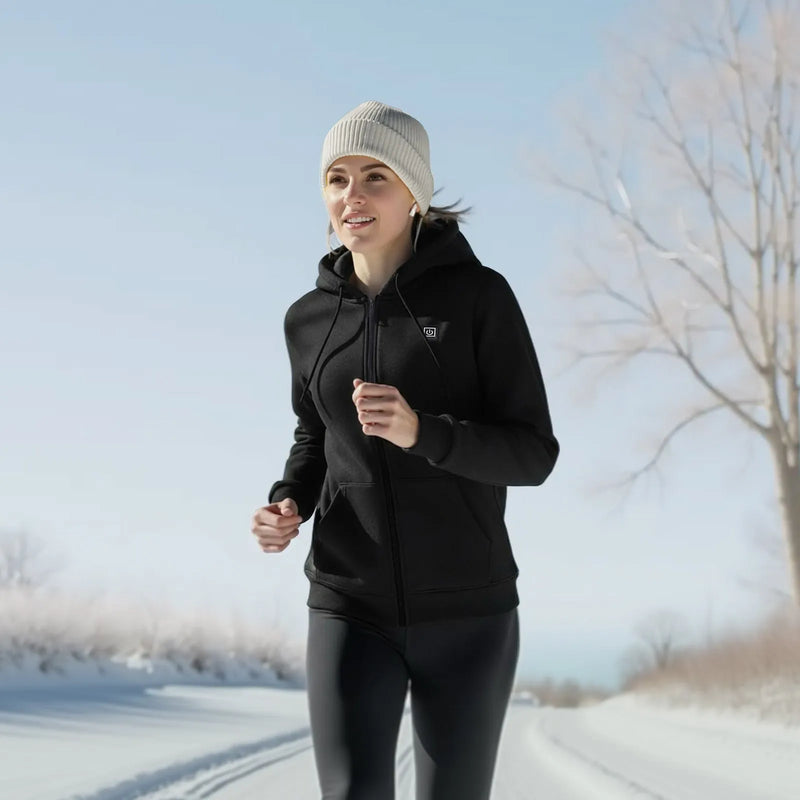 S_VEVOR apsildāms jakas tipa sporta džemperis ar kapuci vīriešiem un sievietēm, unisex pilna garuma rāvējslēdzējs, 7,4 V 16 000 mAh barošanas bloks, 5 apsildes zonas, 3 temperatūras līmeņi, 4–8 h siltums, ziemas āra aktivitātēm, melns