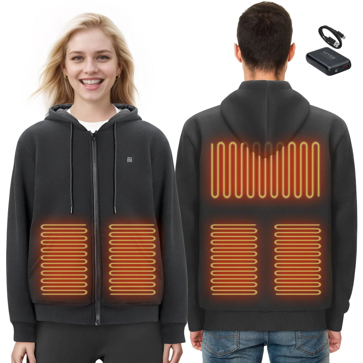 Apsildāms džemperis ar 7,4 V akumulatoru, rāvējslēdzēju un 5 apsildes zonām, unisex, melns, izmērs XL