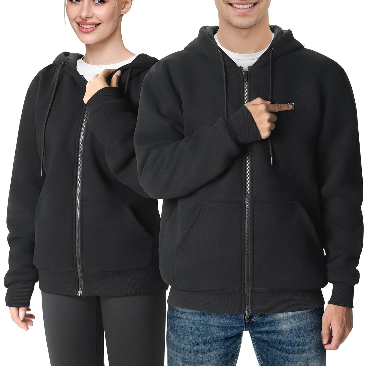 Apsildāms džemperis ar 7,4 V akumulatoru, rāvējslēdzēju un 5 apsildes zonām, unisex, melns, izmērs XL