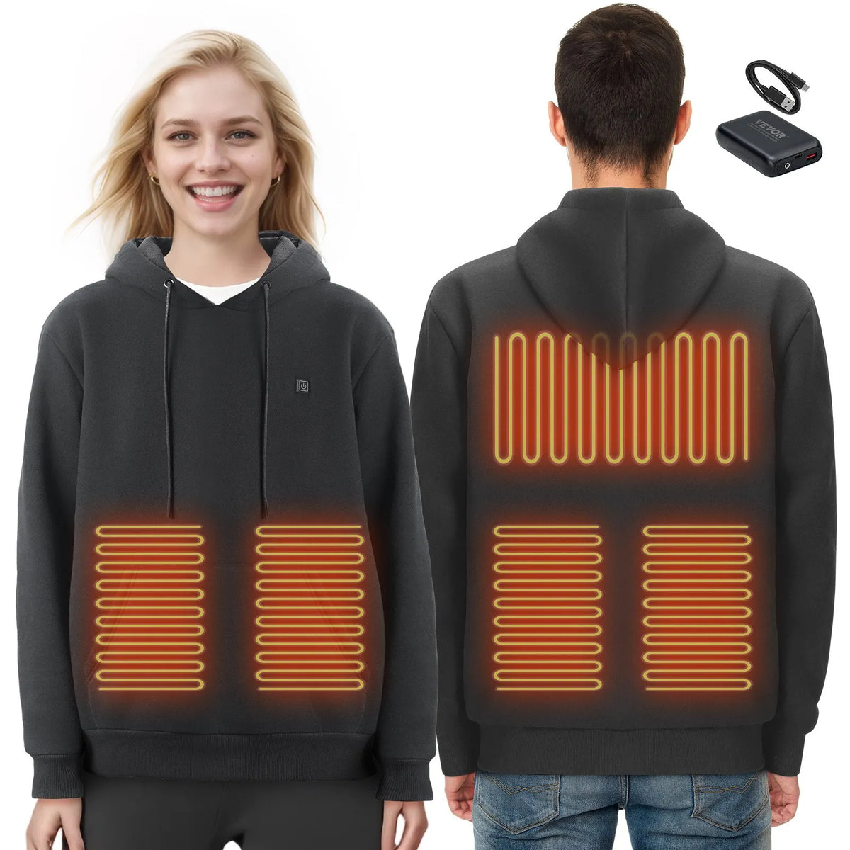 VEVOR Heated Hoodie with 7.4V Battery, 5 Heating Zones, Fishing and Camping, Unisex, Black, Size XXL