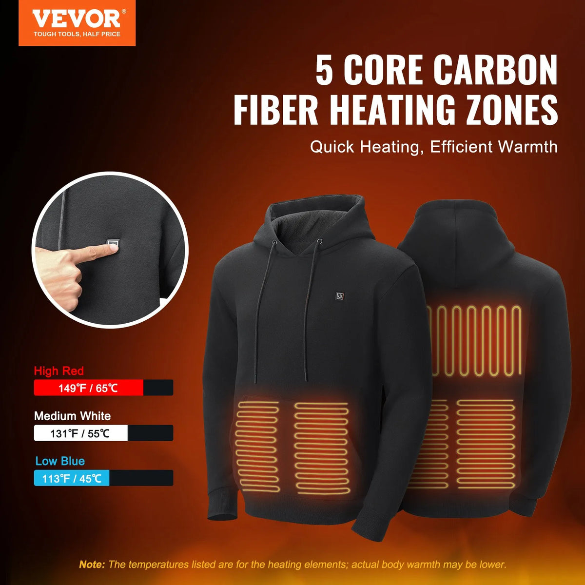 VEVOR Heated Hoodie with 7.4V Battery, 5 Heating Zones, Fishing and Camping, Unisex, Black, Size XXL