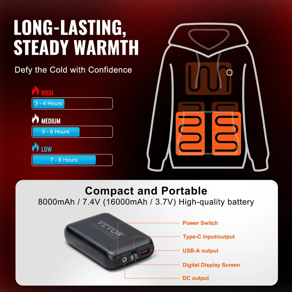 VEVOR Heated Hoodie with 7.4V Battery, 5 Heating Zones, Fishing and Camping, Unisex, Black, Size XXL