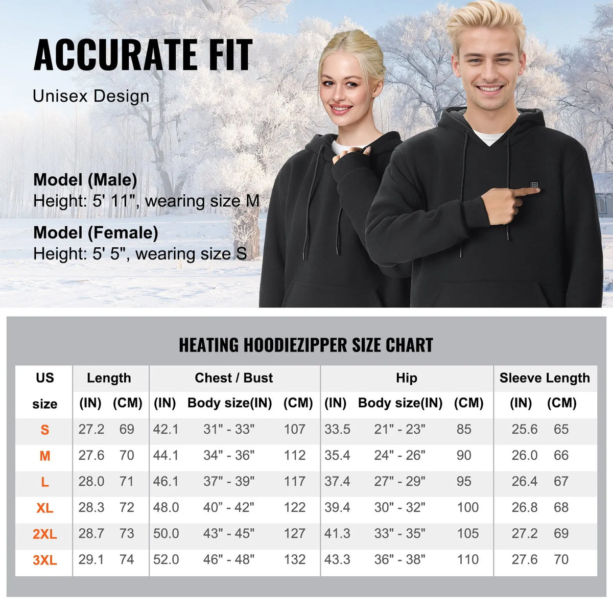 VEVOR Heated Hoodie with 7.4V Battery, 5 Heating Zones, Fishing and Camping, Unisex, Black, Size XXL