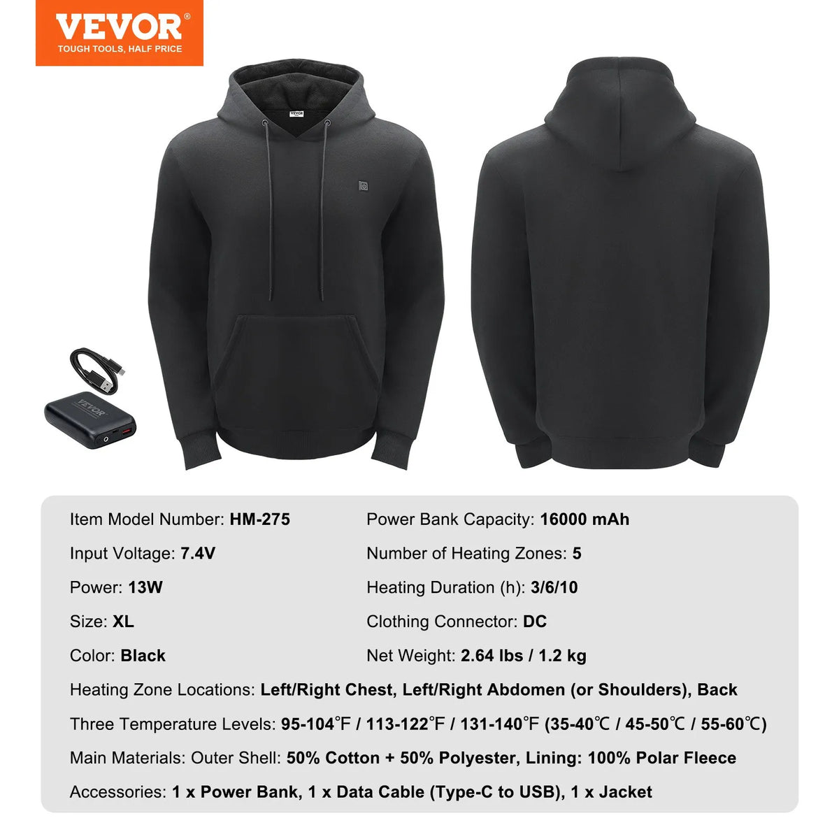 VEVOR Heated Hoodie with 7.4V Battery, 5 Heating Zones, Fishing and Camping, Unisex, Black, Size XXL