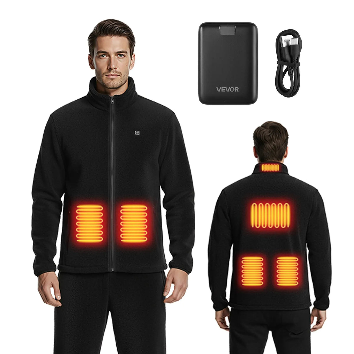 VEVOR apsildāma flīsa jaka vīriešiem, apsildāms sporta džemperis ar uzlādējamu 7,4 V 16 000 mAh akumulatoru, 6 sildīšanas zonas, 3 temperatūras līmeņi, siltums līdz 3 / 6 / 10 stundām, paredzēta ziemas aktivitātēm un āra kempingam, melna