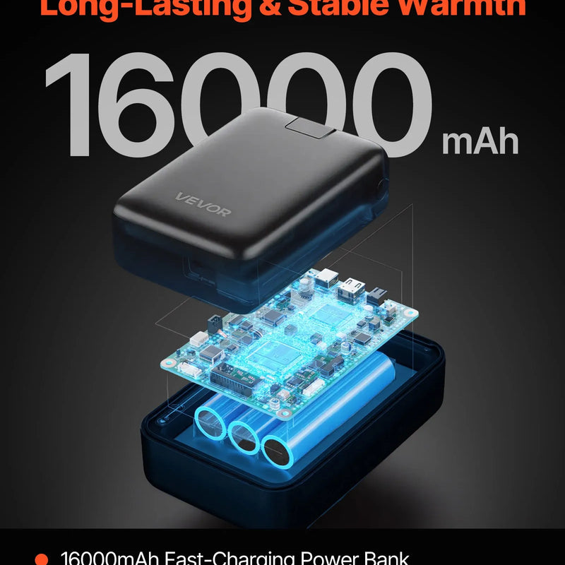 VEVOR apsildāma flīsa jaka vīriešiem, apsildāms sporta džemperis ar uzlādējamu 7,4 V 16 000 mAh akumulatoru, 6 sildīšanas zonas, 3 temperatūras līmeņi, siltums līdz 3 / 6 / 10 stundām, paredzēta ziemas aktivitātēm un āra kempingam, melna