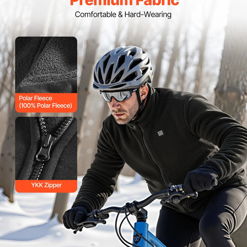 VEVOR apsildāma flīsa jaka vīriešiem, apsildāms sporta džemperis ar uzlādējamu 7,4 V 16 000 mAh akumulatoru, 6 sildīšanas zonas, 3 temperatūras līmeņi, siltums līdz 3 / 6 / 10 stundām, paredzēta ziemas aktivitātēm un āra kempingam, melna