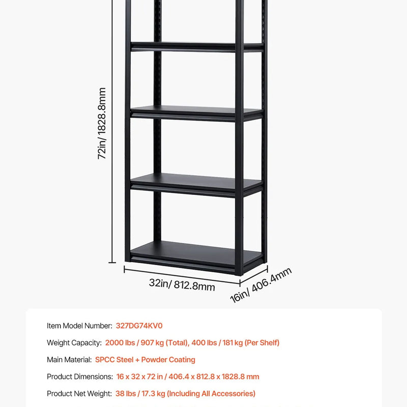 Uzglabāšanas plaukti 5 līmeņi, 406 × 813 × 1829 mm, garāžas metāla plauktu sistēma