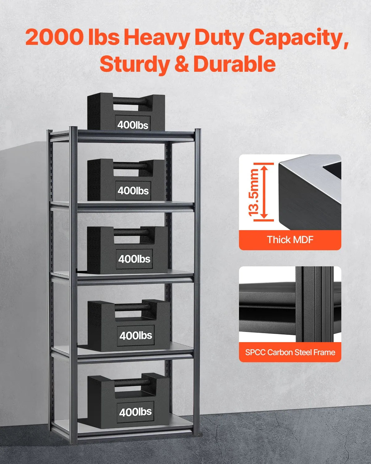 Storage shelf, 5-tier, 46 × 81 × 183 cm, metal