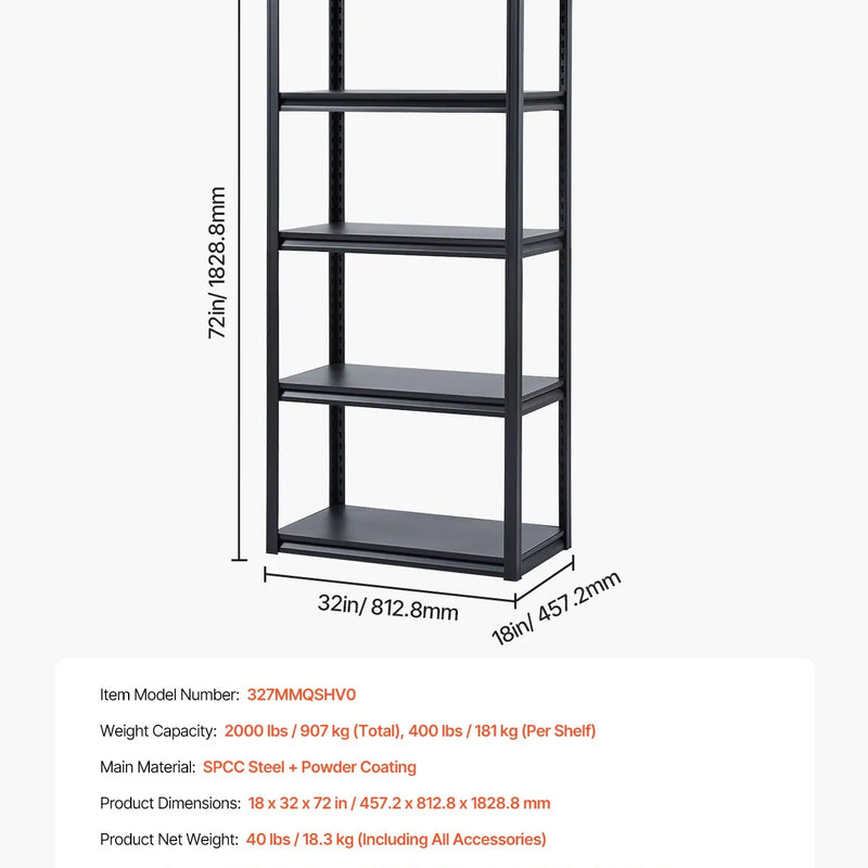 Uzglabāšanas plaukts, 5 līmeņu, 46 × 81 × 183 cm, metāla