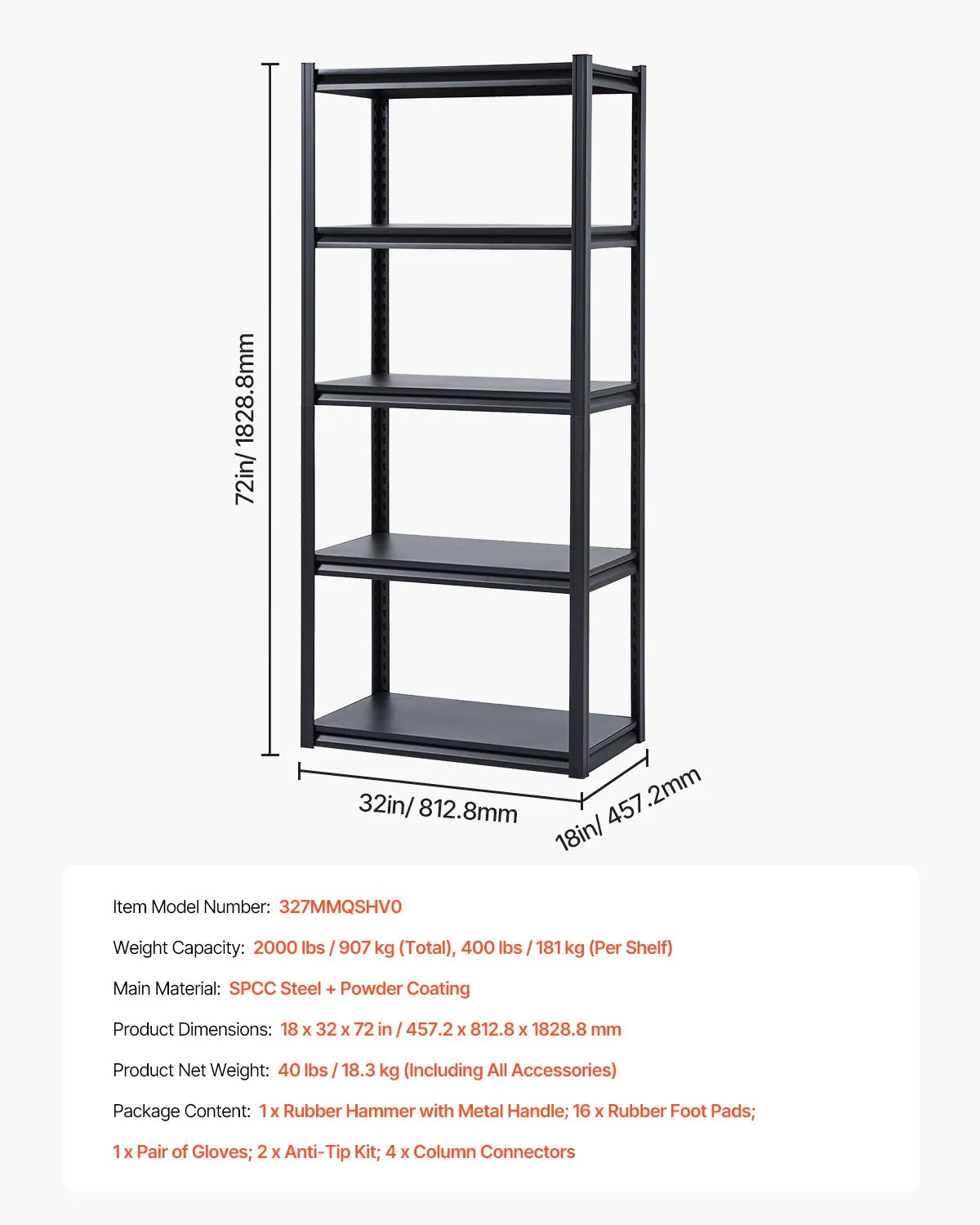 Storage shelf, 5-tier, 46 × 81 × 183 cm, metal