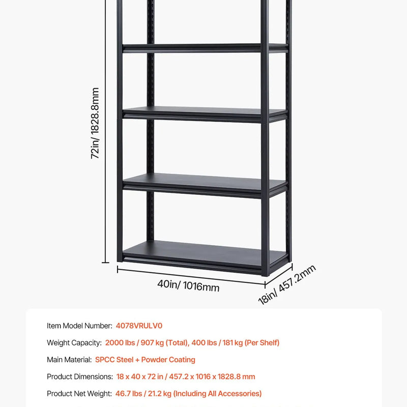Uzglabāšanas plaukts, 5 līmeņu, 46 × 102 × 183 cm, metāla