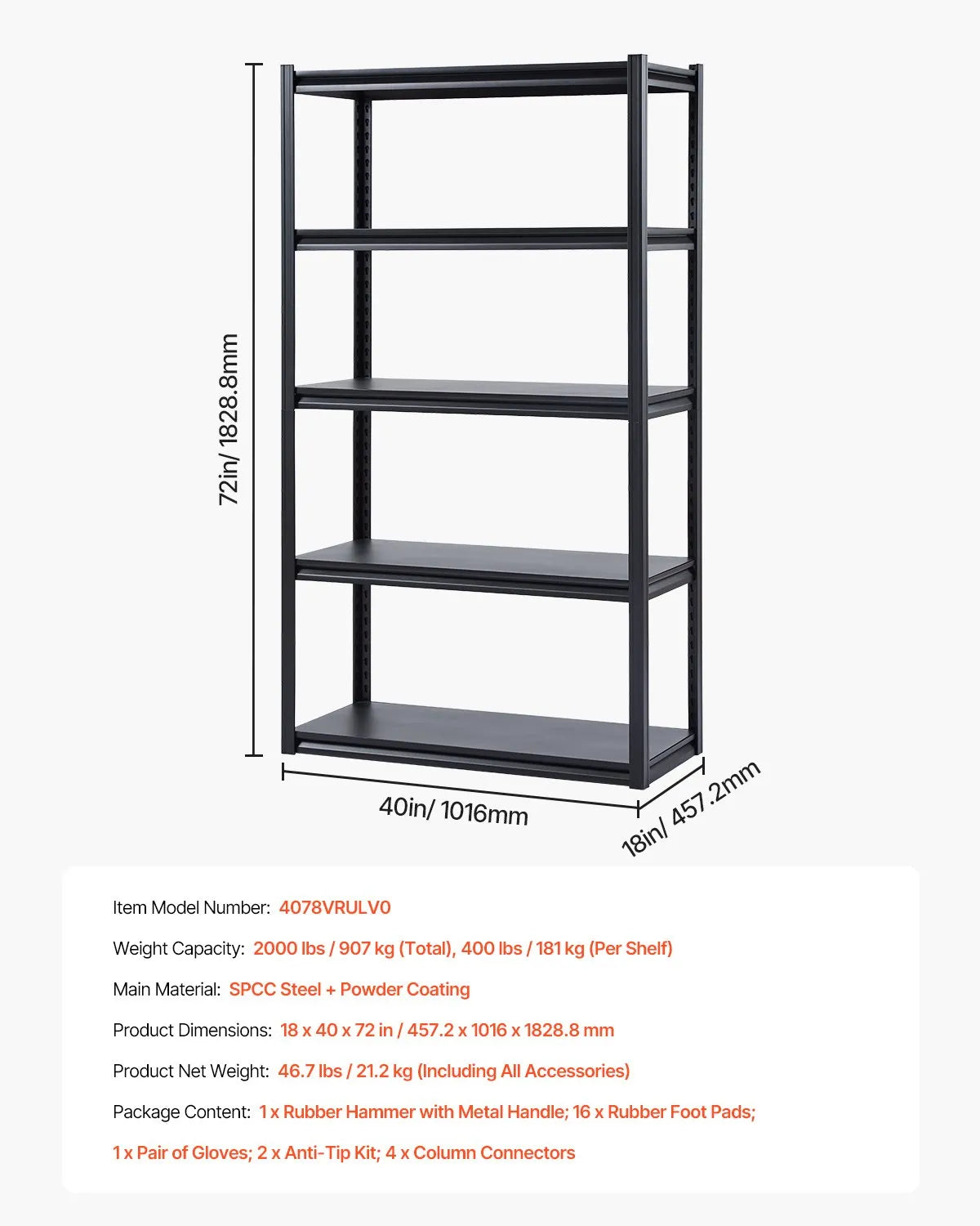 Storage shelf, 5-tier, 46 × 102 × 183 cm, metal
