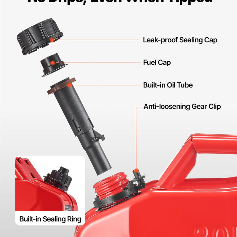 VEVOR metāla degvielas kanna, 20 l, degvielas kanna ar uzgali un ergonomisku rokturi, maksimālais plūsmas ātrums 6 l/min, hermētiska un korozijizturīga metāla degvielas tvertne automašīnām, motocikliem, ATV un UTV, sarkana