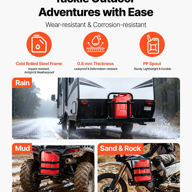 VEVOR metāla degvielas kanna, 20 l, degvielas kanna ar uzgali un ergonomisku rokturi, maksimālais plūsmas ātrums 6 l/min, hermētiska un korozijizturīga metāla degvielas tvertne automašīnām, motocikliem, ATV un UTV, sarkana