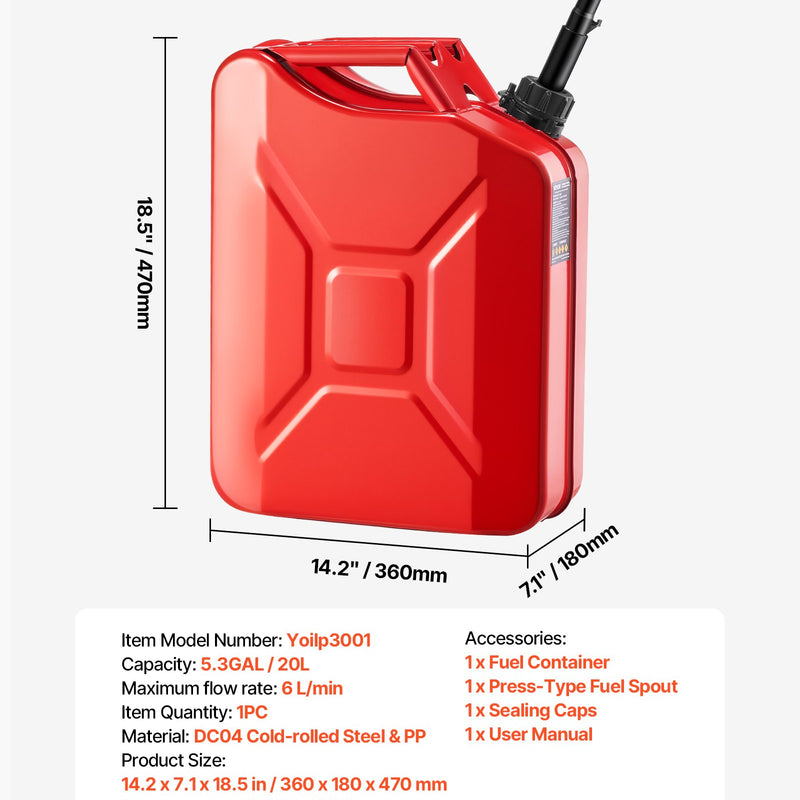 VEVOR metāla degvielas kanna, 20 l, degvielas kanna ar uzgali un ergonomisku rokturi, maksimālais plūsmas ātrums 6 l/min, hermētiska un korozijizturīga metāla degvielas tvertne automašīnām, motocikliem, ATV un UTV, sarkana