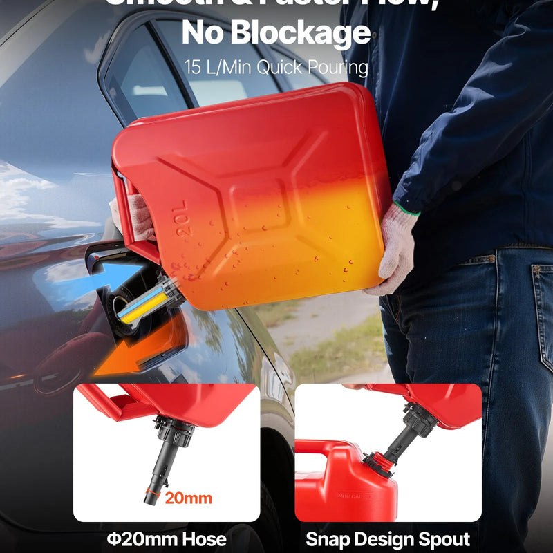 VEVOR metāla degvielas kanna 20 l ar uzpildes snīpi un ergonomisku rokturi, caurplūde līdz 6 l/min, hermētiska un korozijizturīga, piemērota automašīnām, motocikliem, ATV un UTV, sarkana, 2 gab.