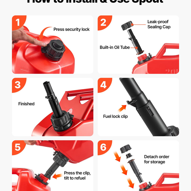 VEVOR metāla degvielas kanna 20 l ar uzpildes snīpi un ergonomisku rokturi, caurplūde līdz 6 l/min, hermētiska un korozijizturīga, piemērota automašīnām, motocikliem, ATV un UTV, sarkana, 2 gab.