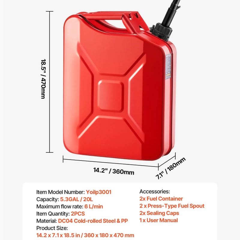 VEVOR metāla degvielas kanna 20 l ar uzpildes snīpi un ergonomisku rokturi, caurplūde līdz 6 l/min, hermētiska un korozijizturīga, piemērota automašīnām, motocikliem, ATV un UTV, sarkana, 2 gab.