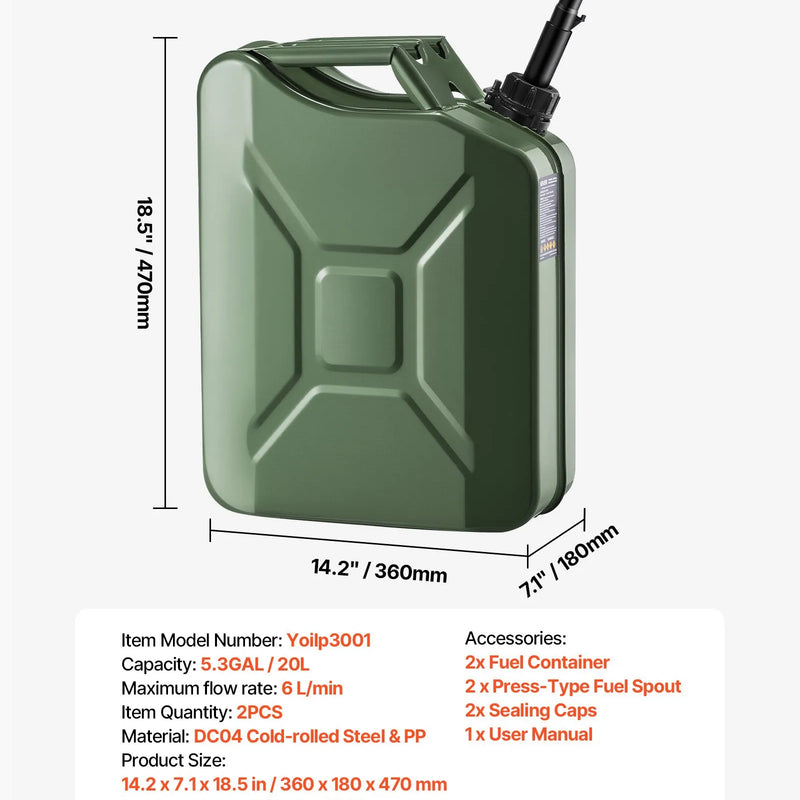 VEVOR metāla degvielas kanna 20 l ar uzgali un ergonomisku rokturi, maksimālā plūsma 6 l/min, hermētiska un korozijizturīga metāla degvielas tvertne vieglajām automašīnām, motocikliem, ATV un UTV, zaļa, 2 gab. komplekts