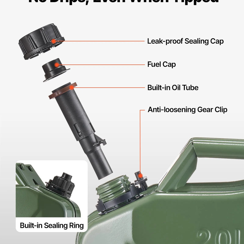 VEVOR metāla degvielas kanna 20 l ar uzgali un ergonomisku rokturi, maksimālā plūsma 6 l/min, hermētiska un korozijizturīga metāla degvielas tvertne vieglajām automašīnām, motocikliem, ATV un UTV, zaļa, 2 gab. komplekts