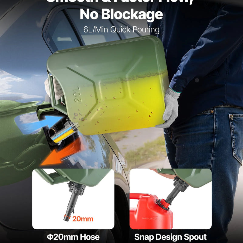VEVOR metāla degvielas kanna 20 l ar uzgali un ergonomisku rokturi, maksimālā plūsma 6 l/min, hermētiska un korozijizturīga metāla degvielas tvertne vieglajām automašīnām, motocikliem, ATV un UTV, zaļa, 2 gab. komplekts