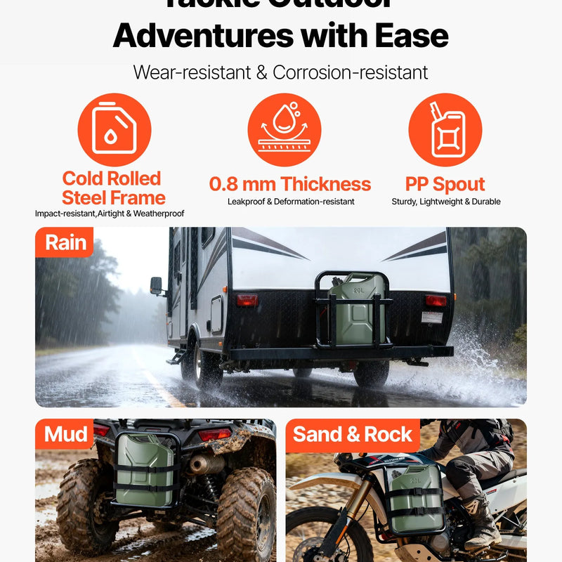 VEVOR metāla degvielas kanna 20 l ar uzgali un ergonomisku rokturi, maksimālā plūsma 6 l/min, hermētiska un korozijizturīga metāla degvielas tvertne vieglajām automašīnām, motocikliem, ATV un UTV, zaļa, 2 gab. komplekts