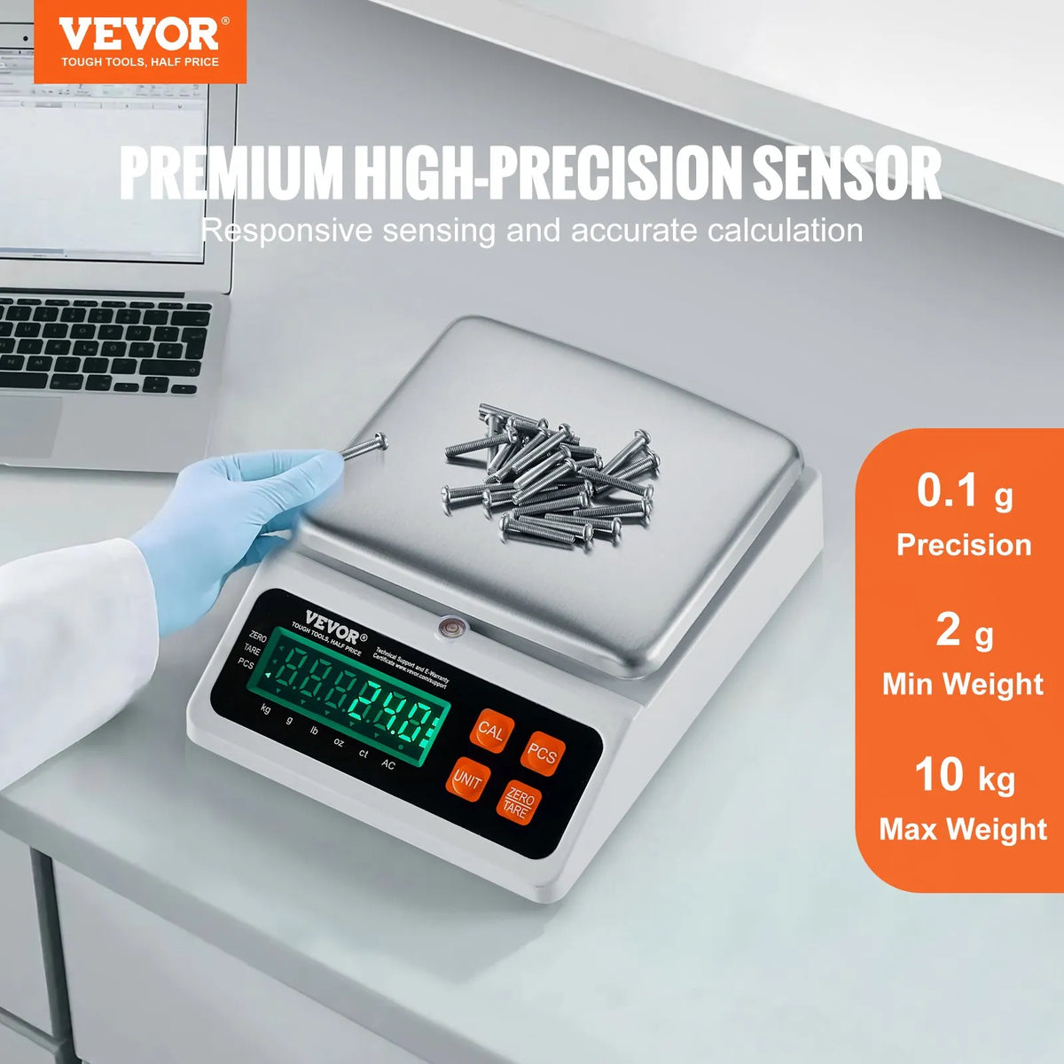 Industrial Digital Scales 10 kg x 0.1 g with LED Display, Units g/kg/lb/oz/ct, for Parts, Coins, Inventory, Kitchen and Jewellery Weighing