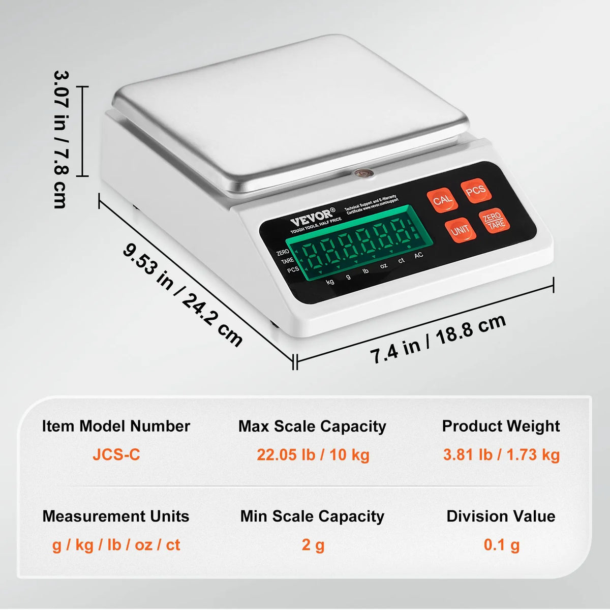 Industrial Digital Scales 10 kg x 0.1 g with LED Display, Units g/kg/lb/oz/ct, for Parts, Coins, Inventory, Kitchen and Jewellery Weighing