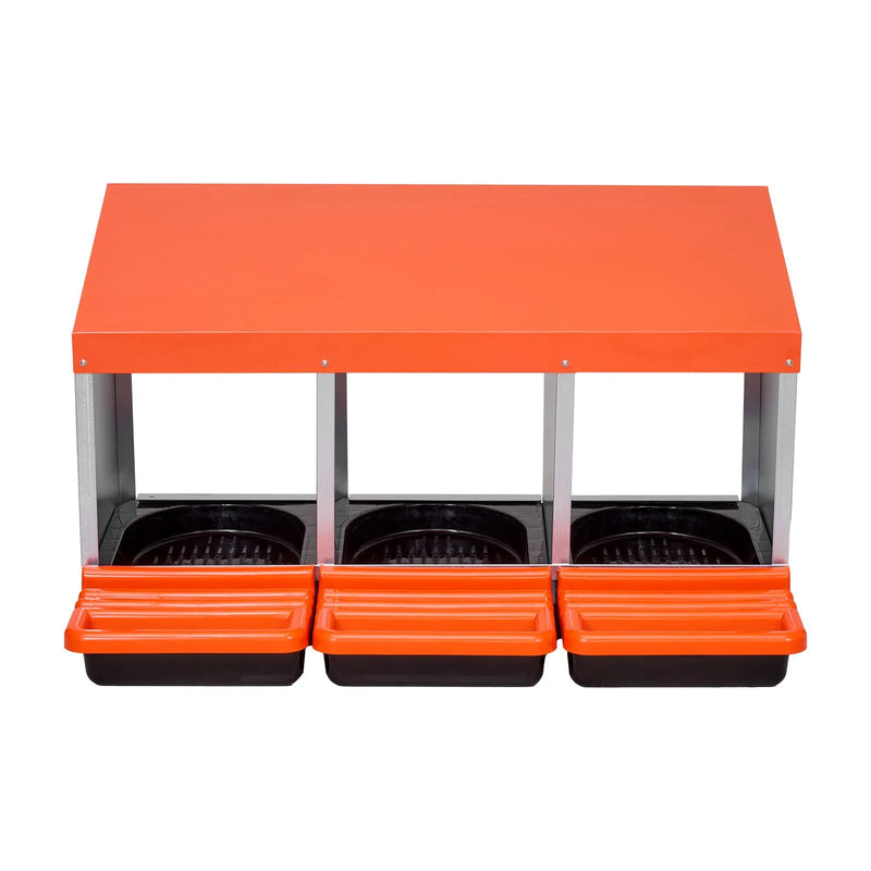 VEVOR vistas dējējkaste ar 3 nodalījumiem, 15–30 collu stabila un korozijizturīga metāla dēšanas kaste ar slīpiem dēšanas nodalījumiem, drenāžas atverēm un atpūtas platformu — piemērota dažādām vistu šķirnēm