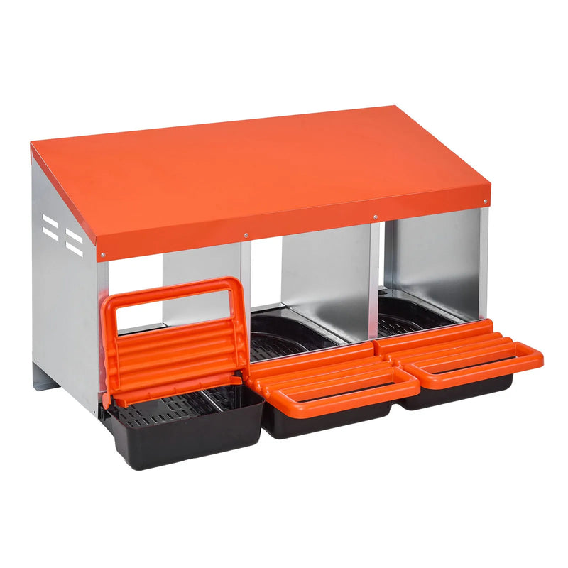 VEVOR vistas dējējkaste ar 3 nodalījumiem, 15–30 collu stabila un korozijizturīga metāla dēšanas kaste ar slīpiem dēšanas nodalījumiem, drenāžas atverēm un atpūtas platformu — piemērota dažādām vistu šķirnēm