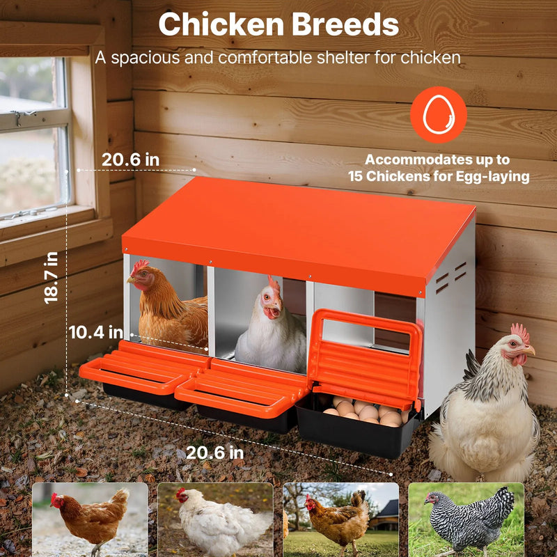 VEVOR vistas dējējkaste ar 3 nodalījumiem, 15–30 collu stabila un korozijizturīga metāla dēšanas kaste ar slīpiem dēšanas nodalījumiem, drenāžas atverēm un atpūtas platformu — piemērota dažādām vistu šķirnēm