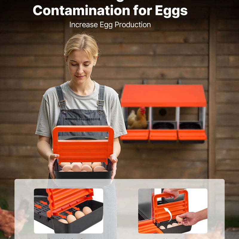 VEVOR vistas dējējkaste ar 3 nodalījumiem, 15–30 collu stabila un korozijizturīga metāla dēšanas kaste ar slīpiem dēšanas nodalījumiem, drenāžas atverēm un atpūtas platformu — piemērota dažādām vistu šķirnēm