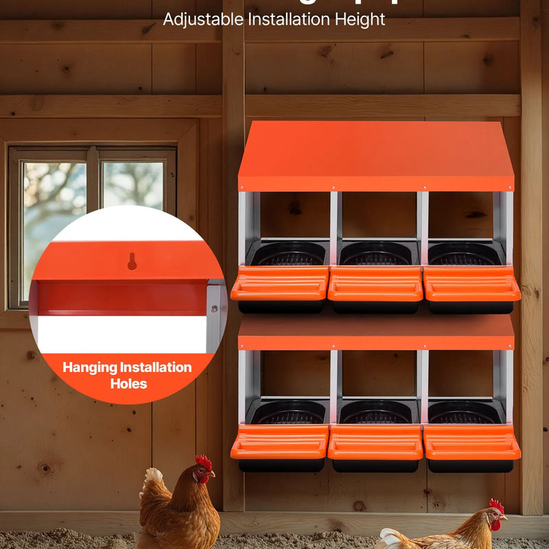 VEVOR vistas dējējkaste ar 3 nodalījumiem, 15–30 collu stabila un korozijizturīga metāla dēšanas kaste ar slīpiem dēšanas nodalījumiem, drenāžas atverēm un atpūtas platformu — piemērota dažādām vistu šķirnēm