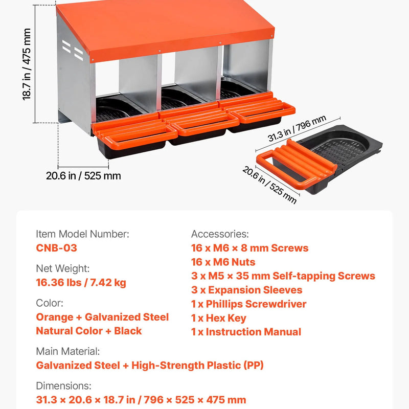 VEVOR vistas dējējkaste ar 3 nodalījumiem, 15–30 collu stabila un korozijizturīga metāla dēšanas kaste ar slīpiem dēšanas nodalījumiem, drenāžas atverēm un atpūtas platformu — piemērota dažādām vistu šķirnēm