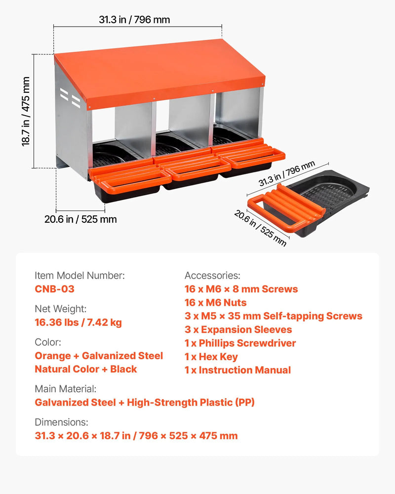 VEVOR vistas dējējkaste ar 3 nodalījumiem, 15–30 collu stabila un korozijizturīga metāla dēšanas kaste ar slīpiem dēšanas nodalījumiem, drenāžas atverēm un atpūtas platformu — piemērota dažādām vistu šķirnēm