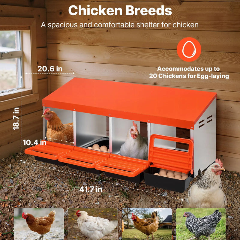 VEVOR putnu dējējligzdu kaste, 4 nodalījumi, metāla olu dēšanas ligzdas ar aizsargājošiem savākšanas vākiem, ripojoša olu savākšanas sistēma, viegli montējama, piemērota vistām, pīlēm un citiem mājputniem, oranža