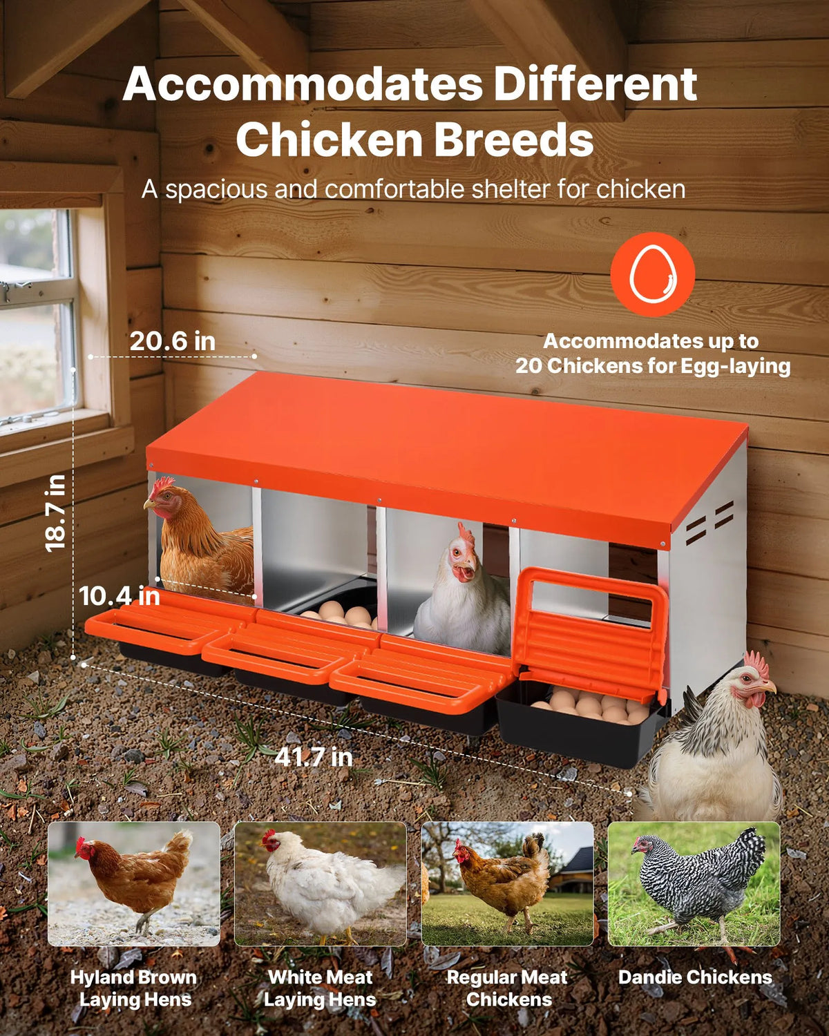 VEVOR Metal Chicken Nesting Box with 4 Compartments and Egg Rolling System, Orange