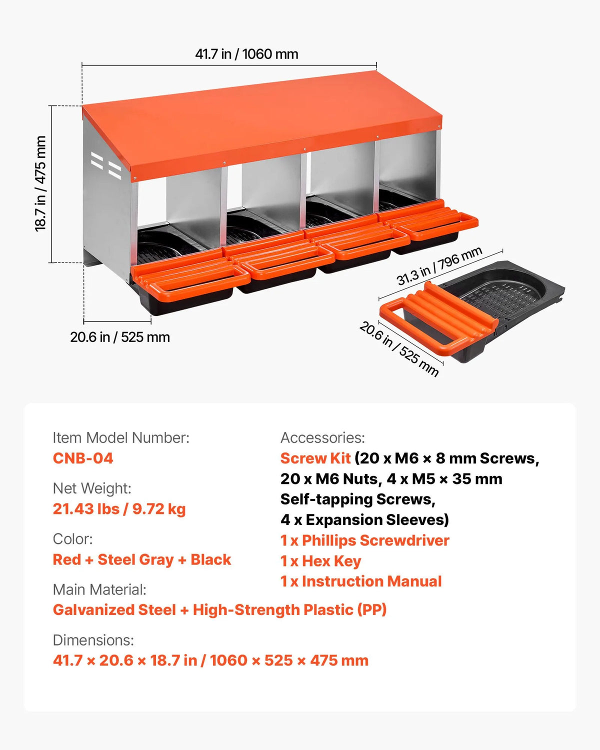 VEVOR Metal Chicken Nesting Box with 4 Compartments and Egg Rolling System, Orange