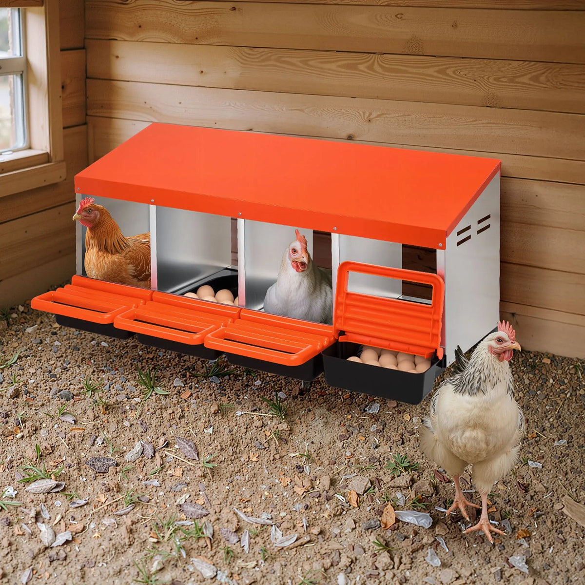 VEVOR Metal Chicken Nesting Box with 4 Compartments and Egg Rolling System, Orange