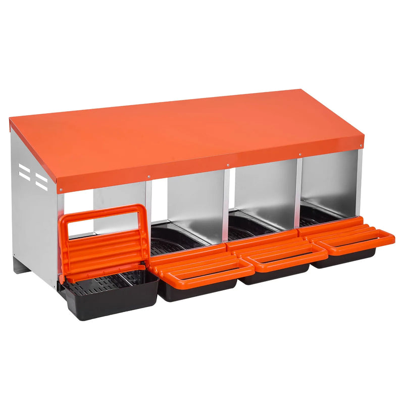 VEVOR vistas dējējkaste ar 4 nodalījumiem, 38,1–76,2 cm stabila un korozijizturīga metāla dēšanas kaste ar slīpiem dēšanas nodalījumiem, drenāžas atverēm un atpūtas platformu — piemērota dažādām vistu šķirnēm