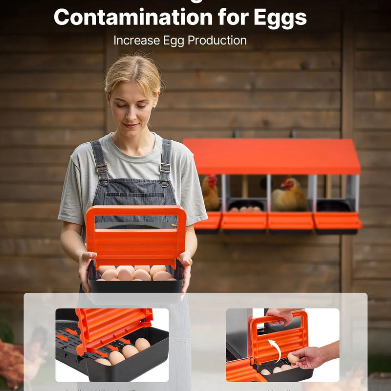 VEVOR vistas dējējkaste ar 4 nodalījumiem, 38,1–76,2 cm stabila un korozijizturīga metāla dēšanas kaste ar slīpiem dēšanas nodalījumiem, drenāžas atverēm un atpūtas platformu — piemērota dažādām vistu šķirnēm