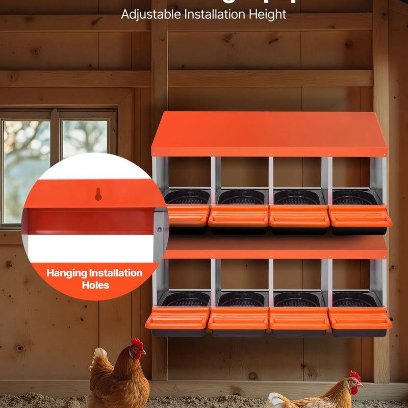 VEVOR vistas dējējkaste ar 4 nodalījumiem, 38,1–76,2 cm stabila un korozijizturīga metāla dēšanas kaste ar slīpiem dēšanas nodalījumiem, drenāžas atverēm un atpūtas platformu — piemērota dažādām vistu šķirnēm