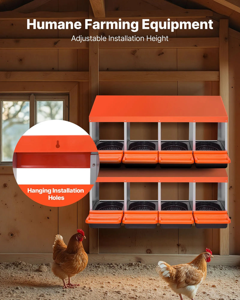 VEVOR vistas dējējkaste ar 4 nodalījumiem, 38,1–76,2 cm stabila un korozijizturīga metāla dēšanas kaste ar slīpiem dēšanas nodalījumiem, drenāžas atverēm un atpūtas platformu — piemērota dažādām vistu šķirnēm